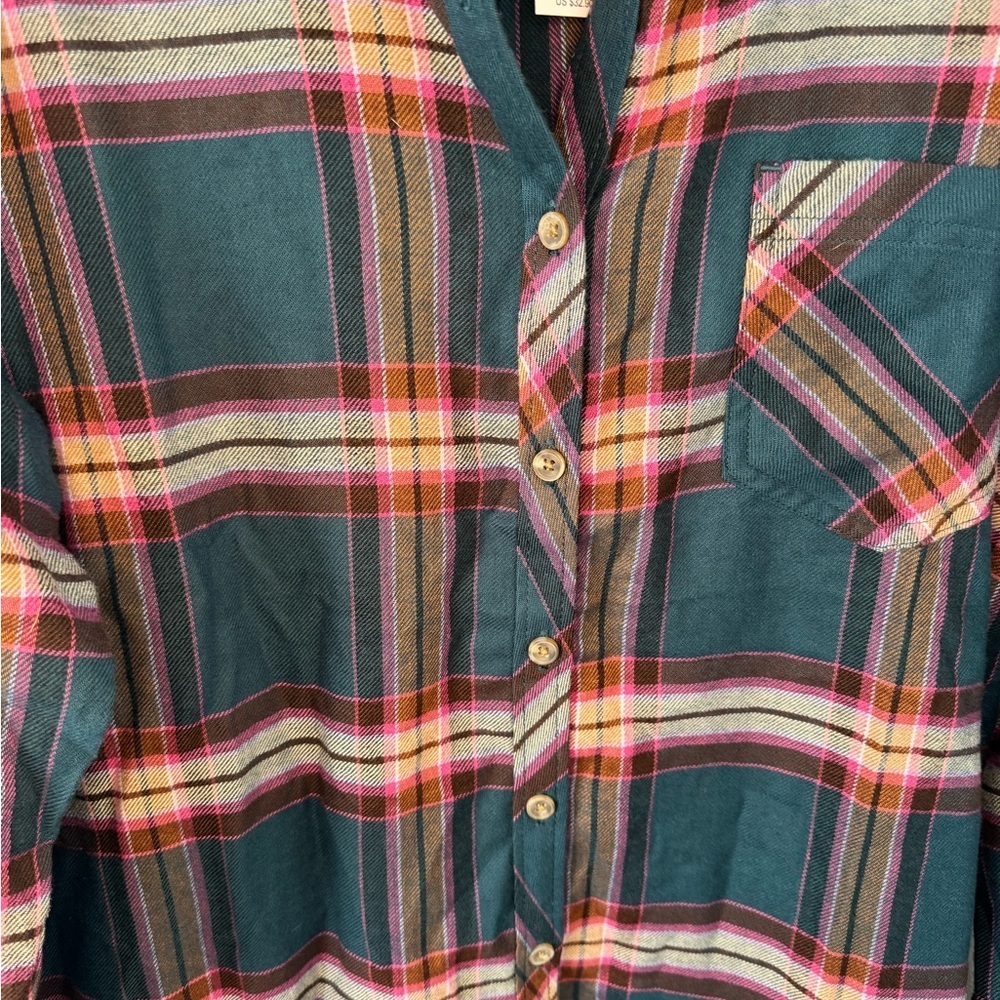 NWT Maurices Plaid Flannel Button Front Shirt Teal Pink XL - Picture 5 of 5